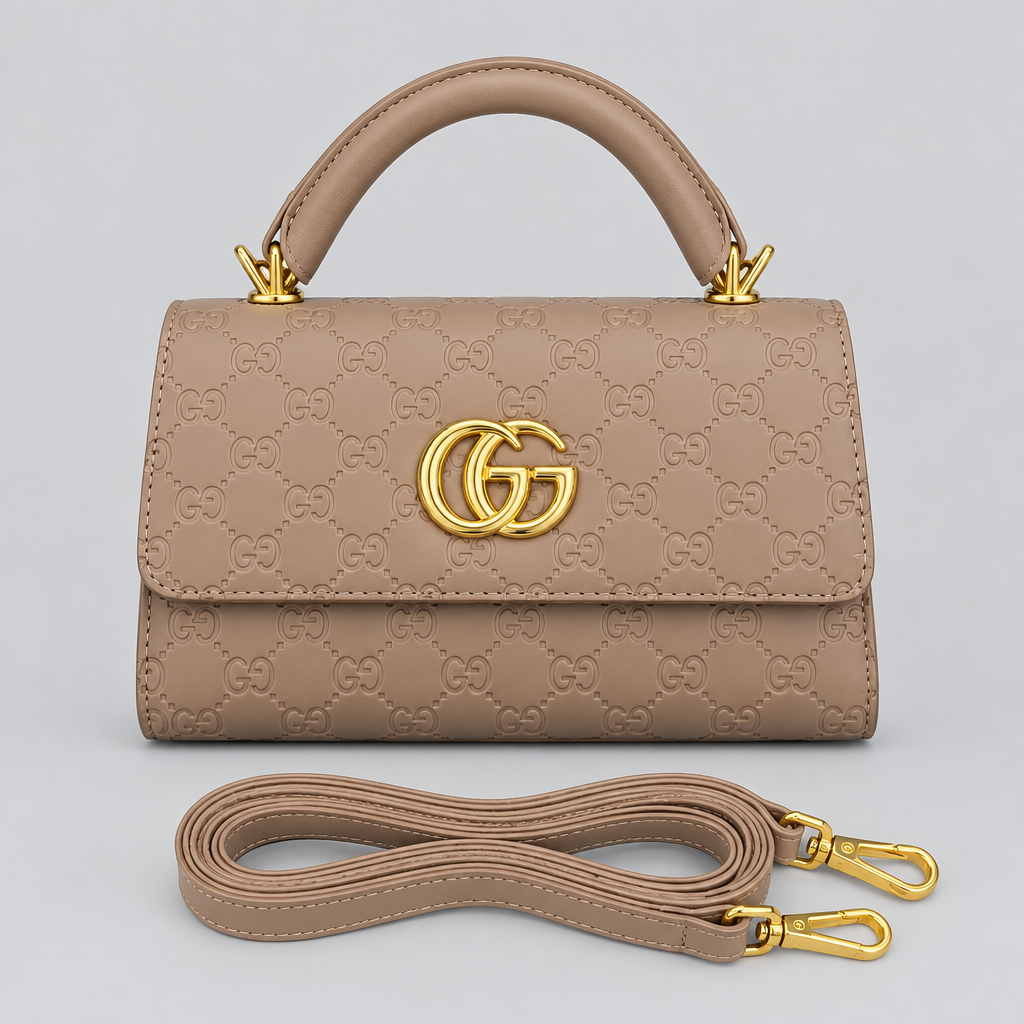 Taupe beige embossed top-handle handbag with matching strap