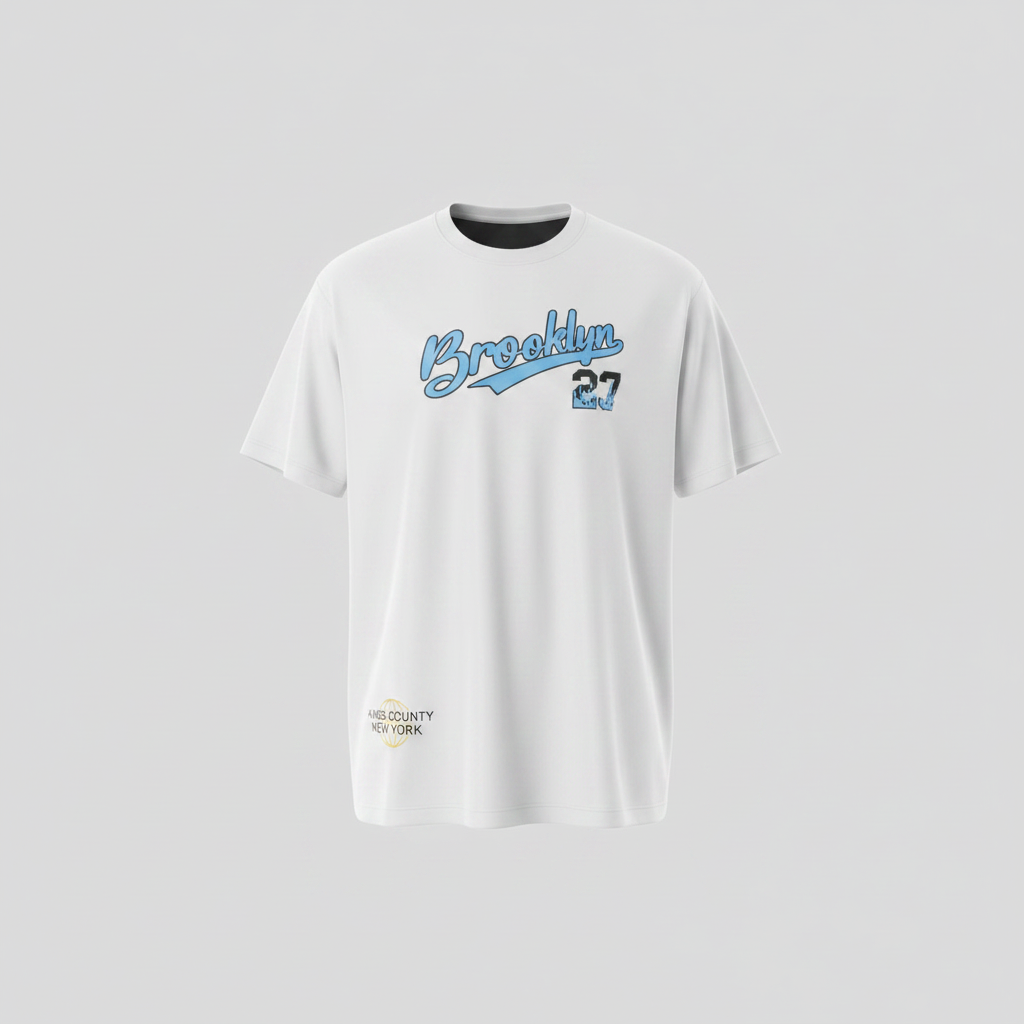 Men's white Brooklyn 27 graphic T-shirt on a ghost mannequin