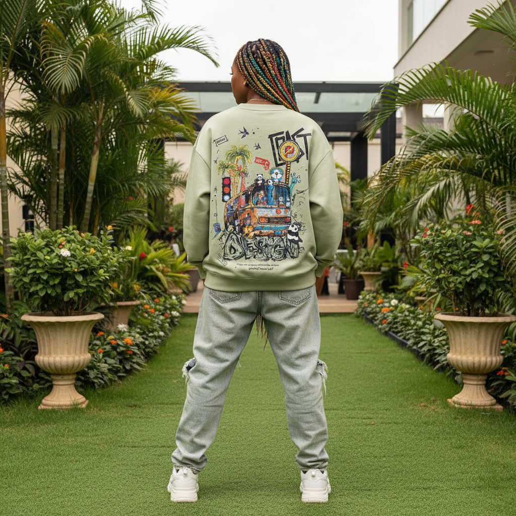 Nigerian female model wearing sage green illustrated cartoon bus graphic sweatshirt – back view
