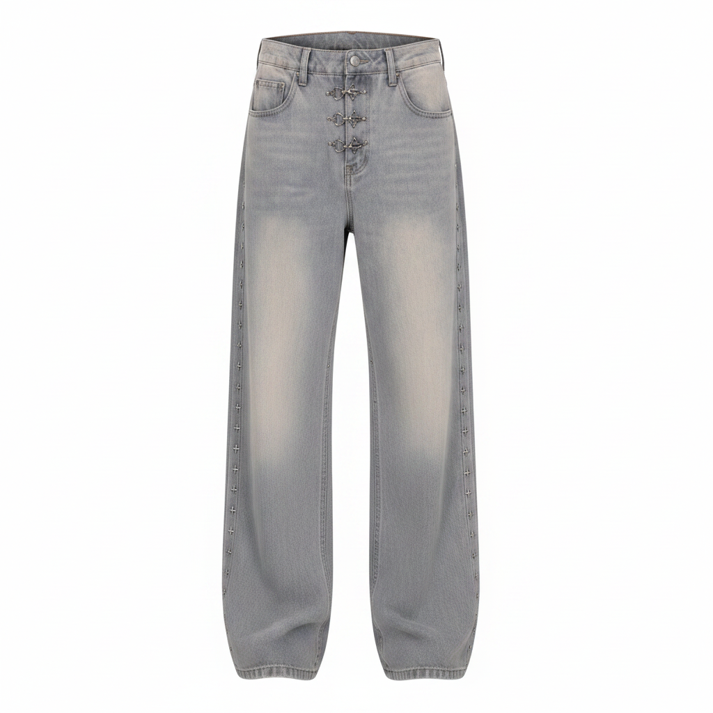 Men's grey washed wide-leg flared jeans with silver cross hardware seam detail, ghost mannequin front view