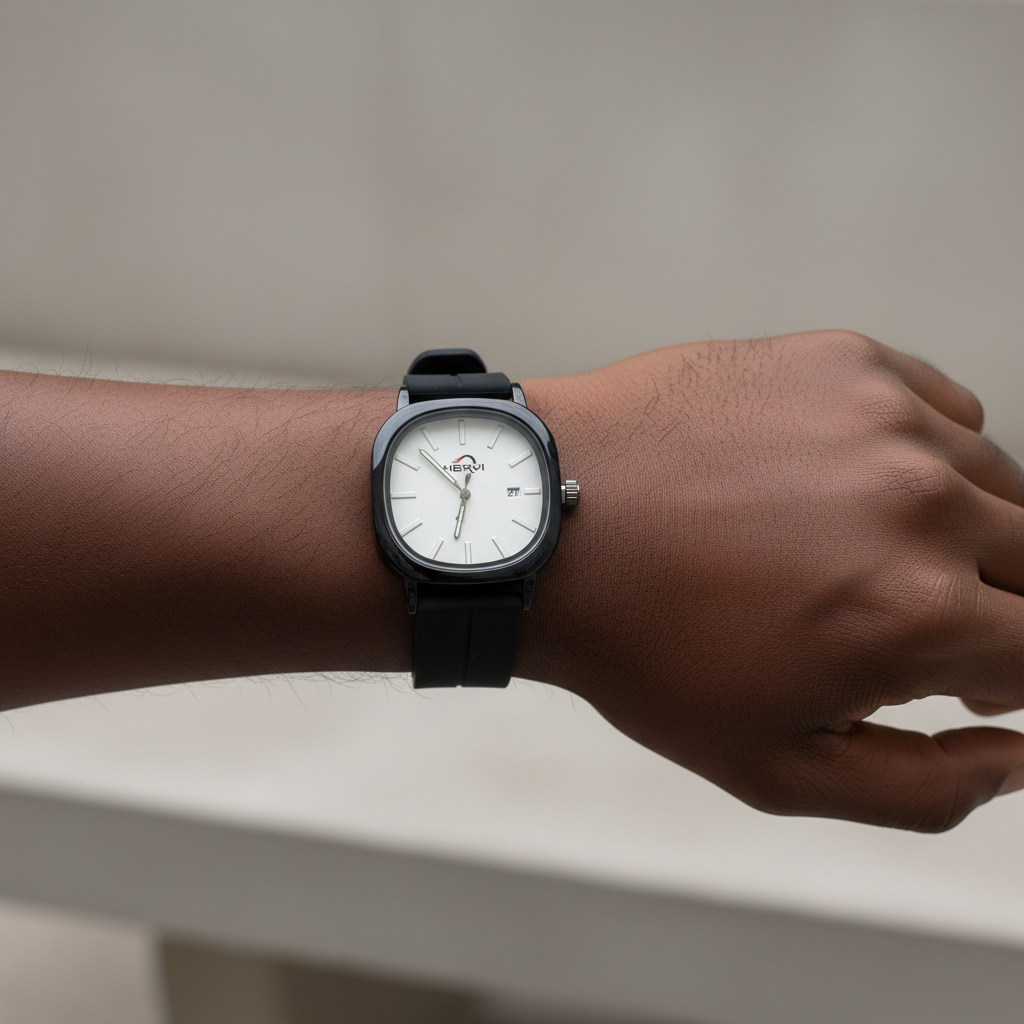 White dial black strap square watch worn on a wrist
