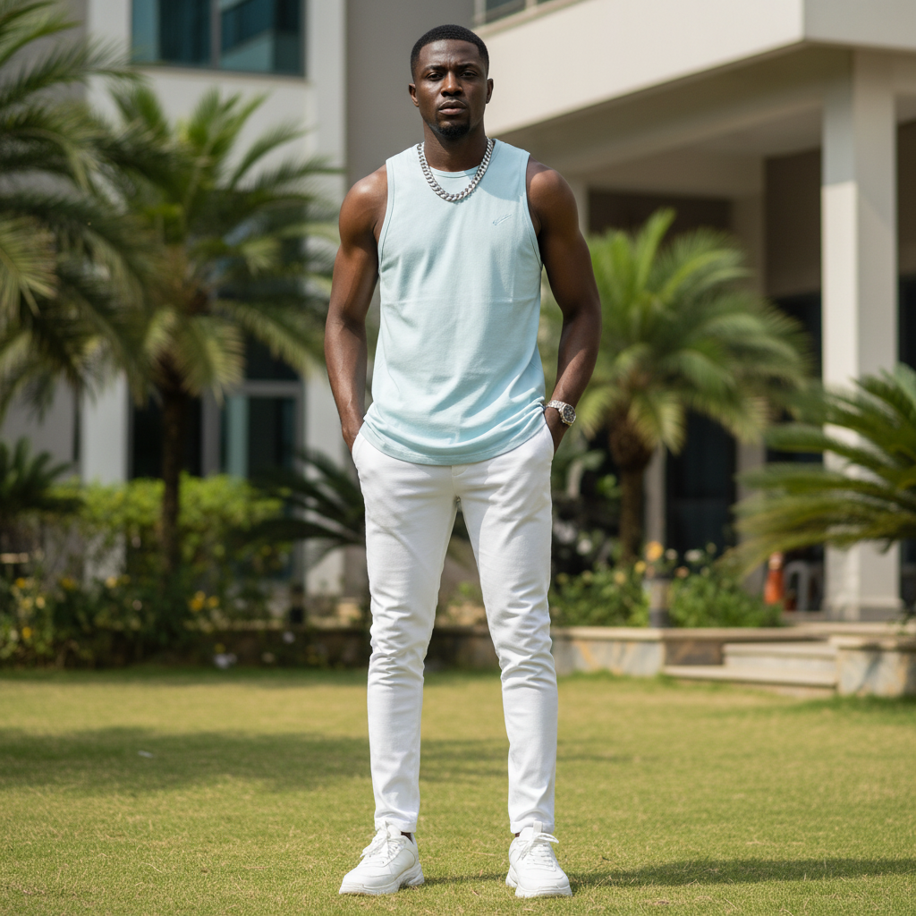 Nigerian male model wearing sky blue sleeveless vest in outdoor setting