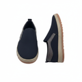 Men's navy blue suede slip-on sneakers with grey panels - ghost mannequin front and side view