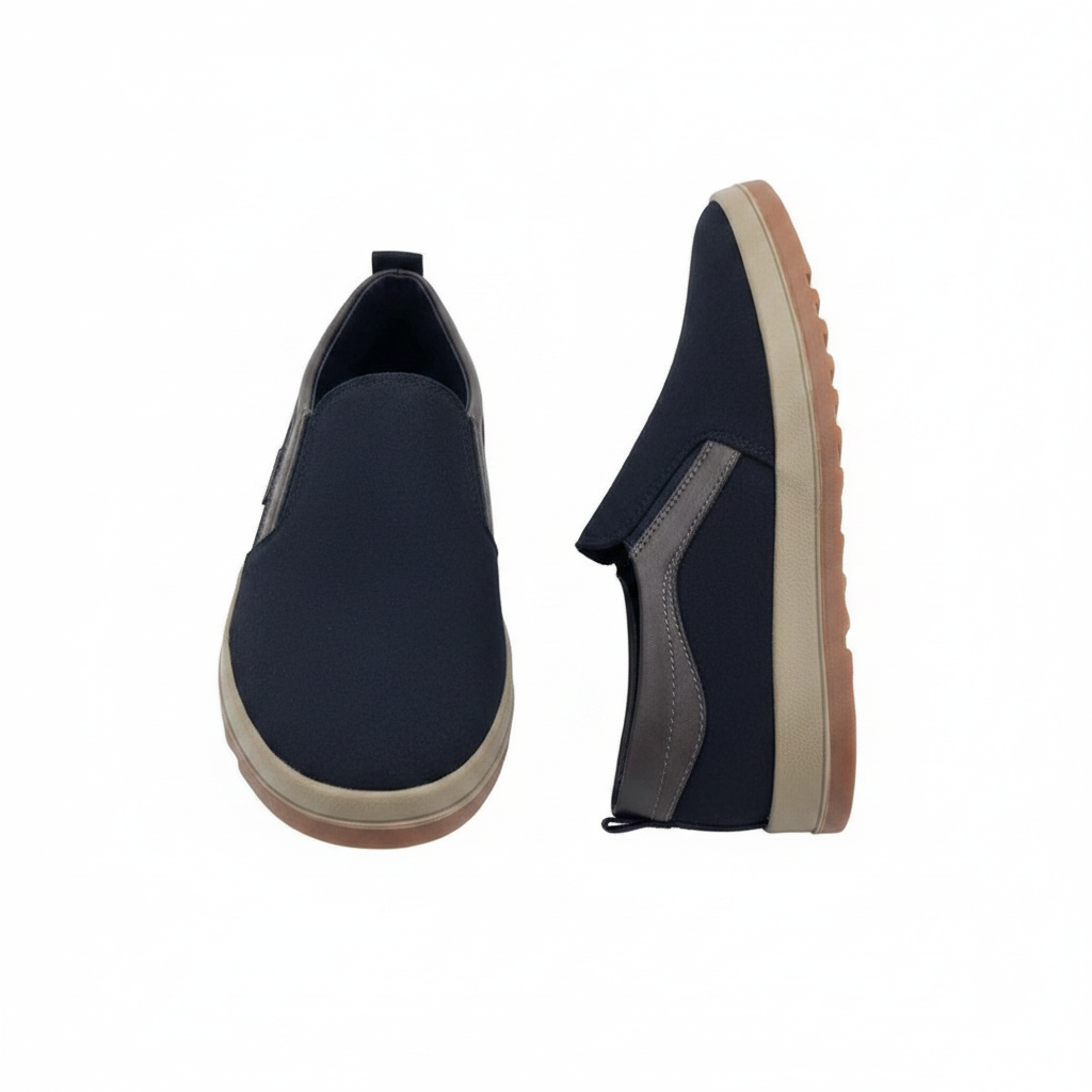 Men's navy blue suede slip-on sneakers with grey panels - ghost mannequin front and side view