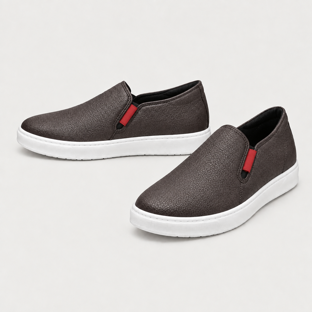 Dark brown textured slip-on shoes, pair views