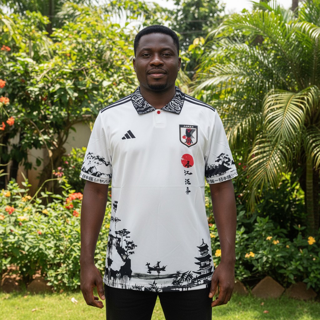White ink-wash landscape polo collar football jersey on Nigerian male model