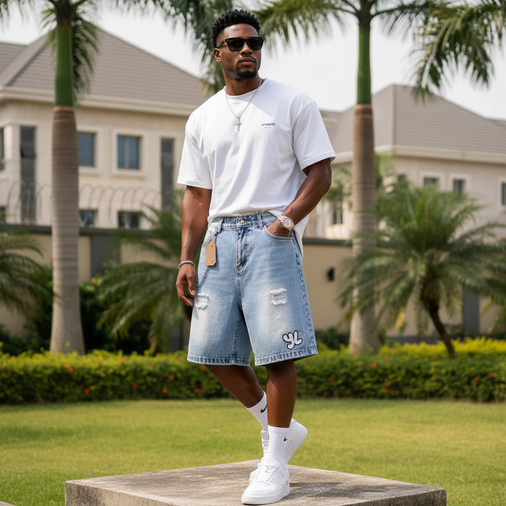 Nigerian male model wearing men's light blue washed logo patch chain detail denim shorts streetwear style