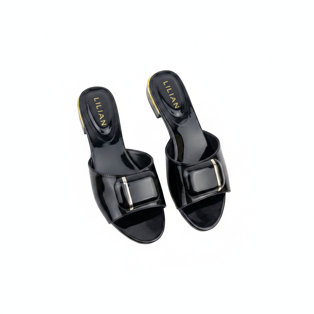 Ghost mannequin pair view of black patent leather square buckle flat slide slippers