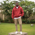 Men's Red Washed Denim Oversized Hooded Jacket – Nigerian Male Model Shot