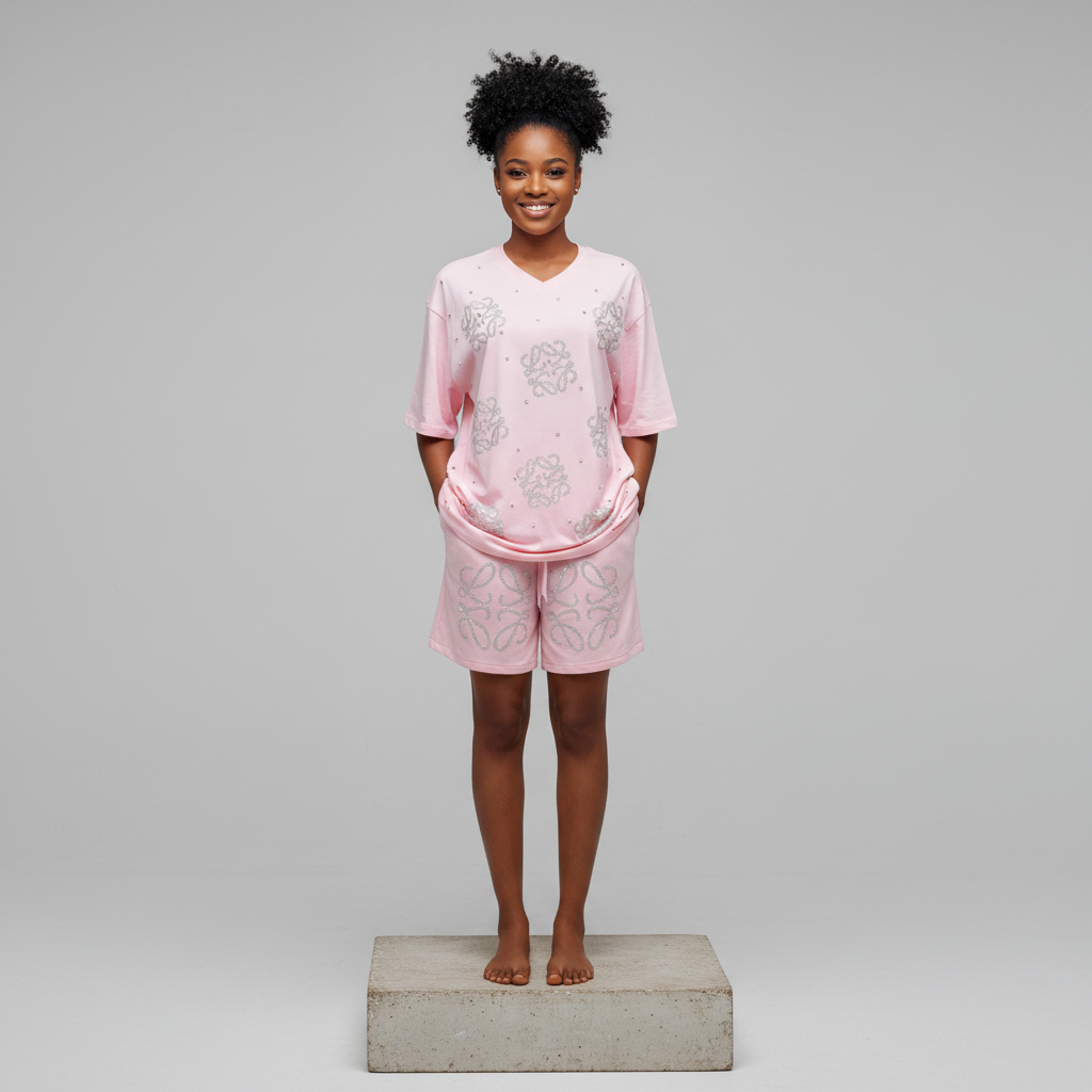 Nigerian female model wearing pink rhinestone top and shorts set