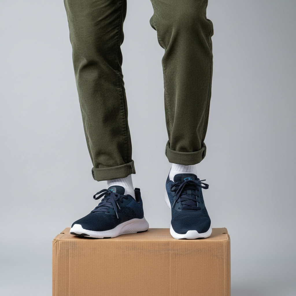 Men's dark navy blue mesh running sneakers Nigerian male model leg shot