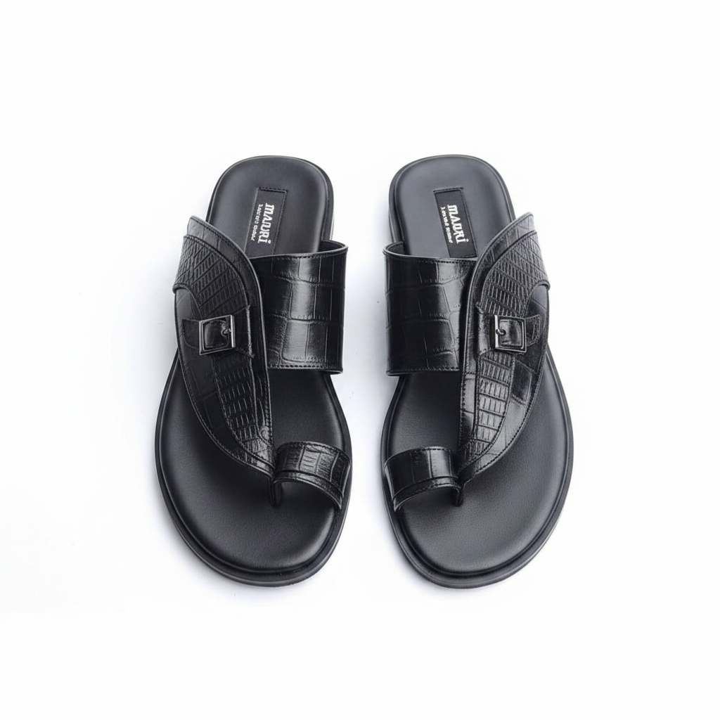 Men's all-black croc-embossed leather thong slide sandals ghost mannequin pair view