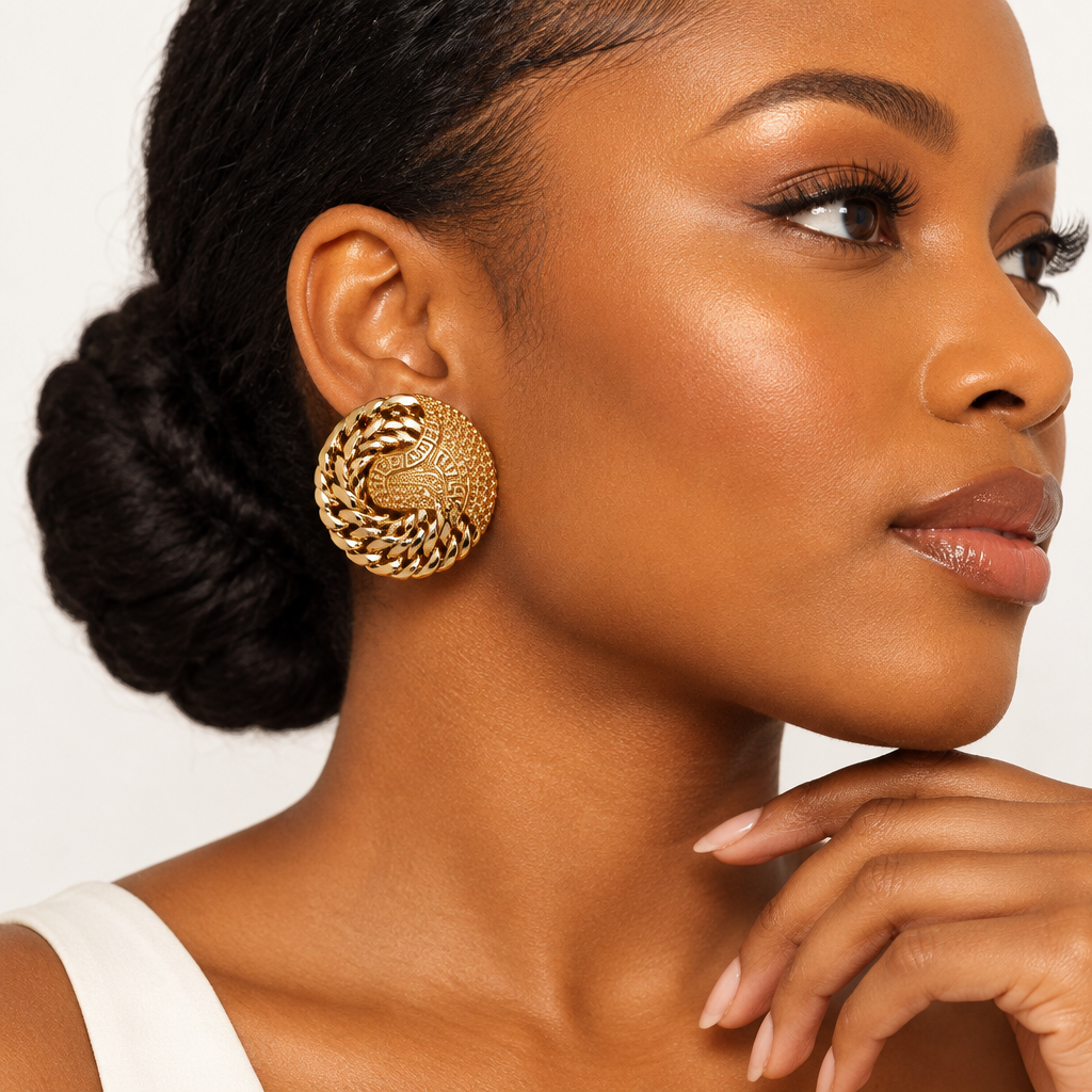 Gold Greek Key Dome Earrings & Pendant Set – Model Shot