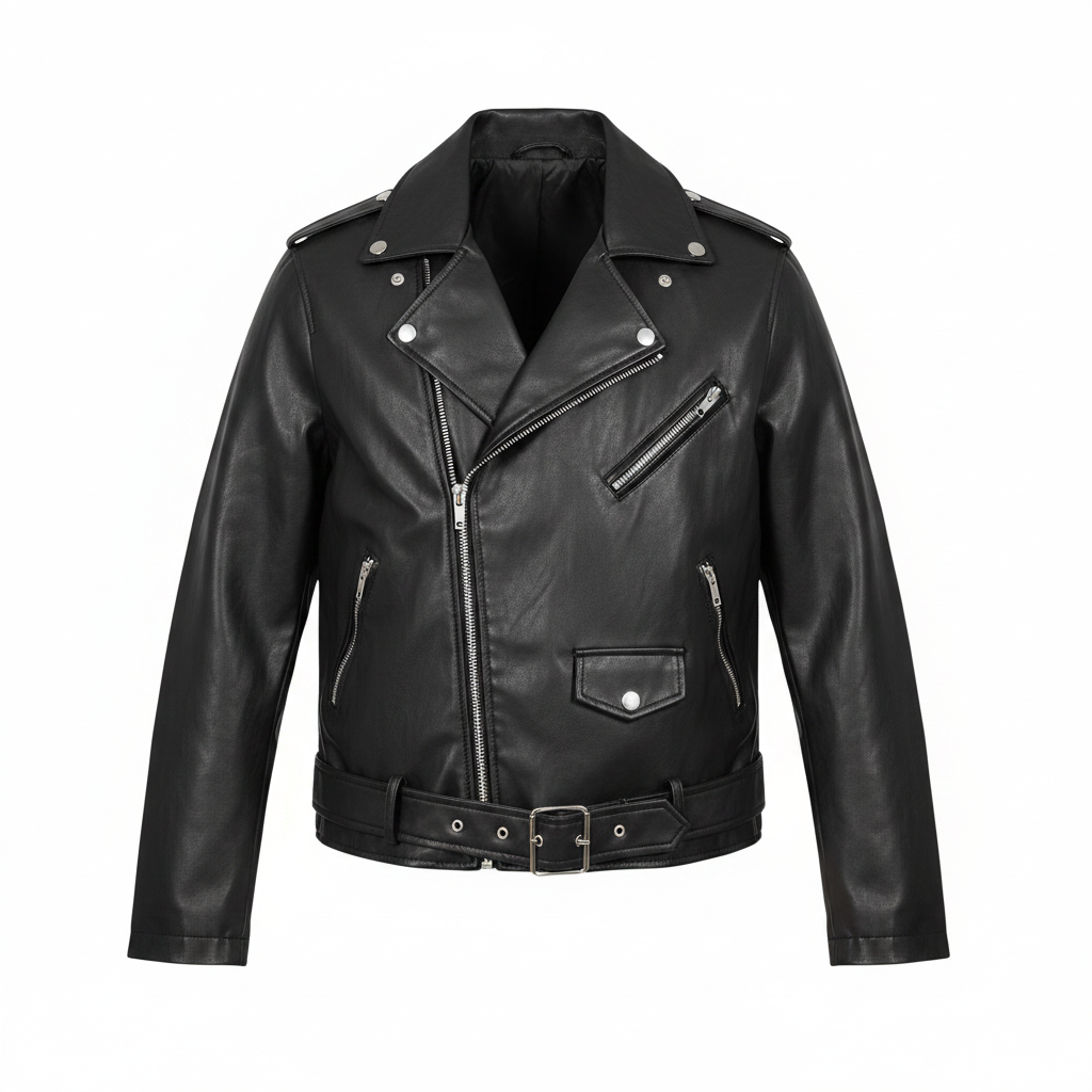 Matte black asymmetric belted faux leather biker jacket ghost mannequin — front view, silver stud hardware
