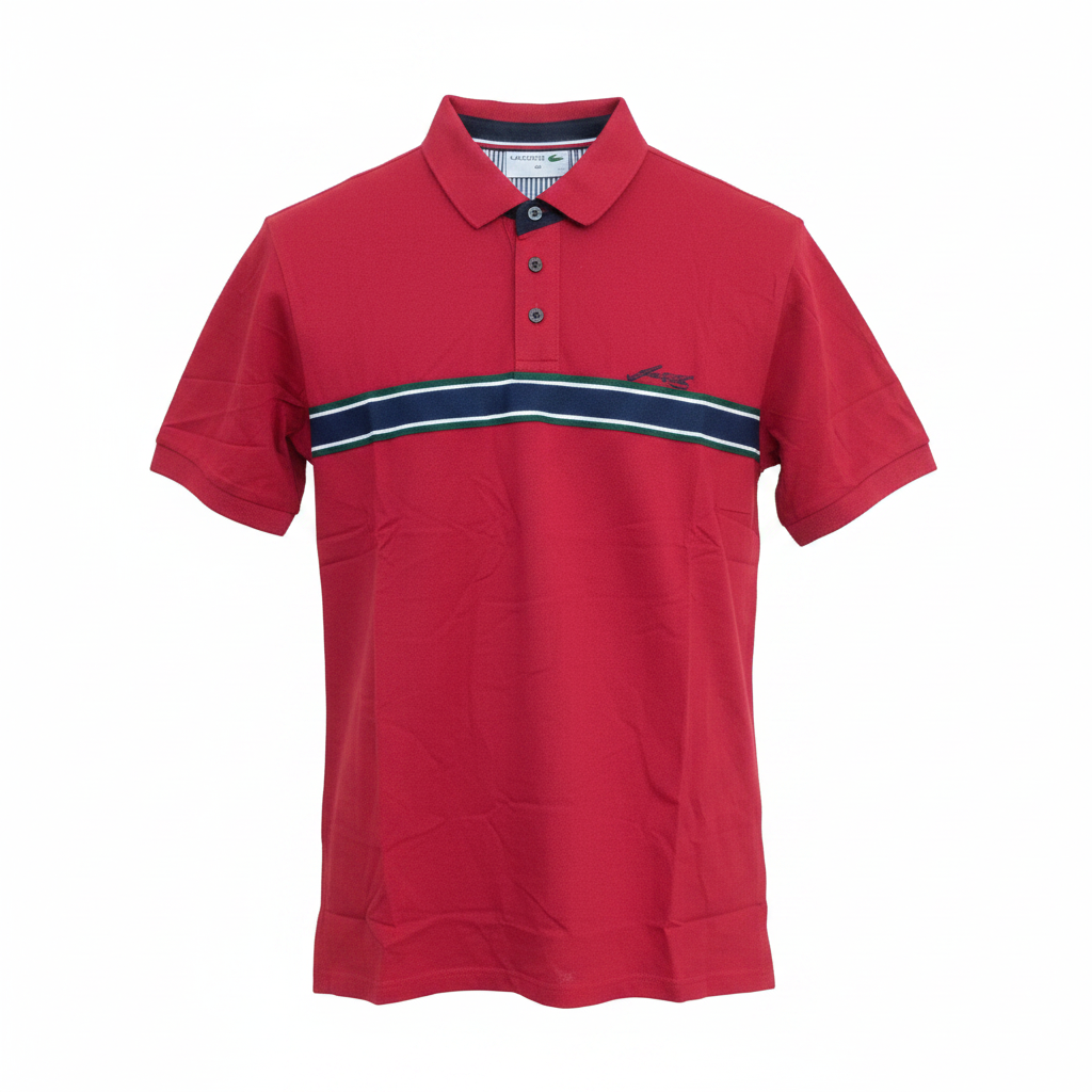 Men's red polo shirt with navy and white chest stripe, ghost mannequin front view