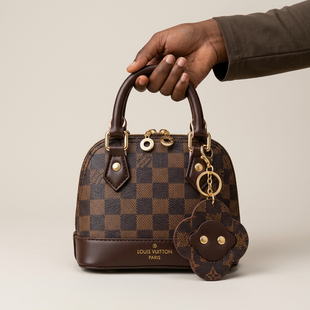 AI-generated hand-focused view of a brown checkerboard dome handbag with flower pouch