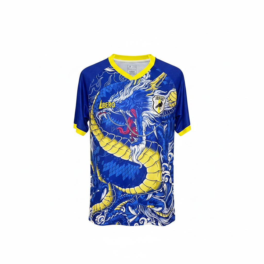 Men's royal blue and yellow dragon wave football jersey ghost mannequin front view