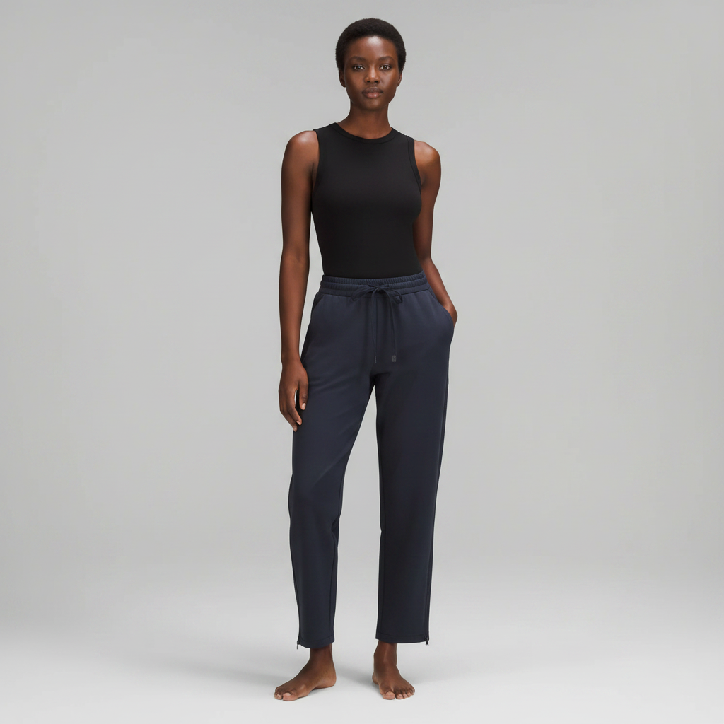 Female model wearing navy zip joggers