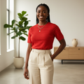 Red Ribbed Knit Short-Sleeve Top - Model Shot