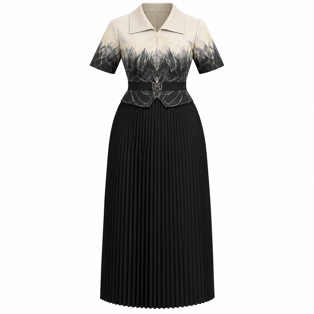 Black collared contrast-print pleated occasion dress on white background