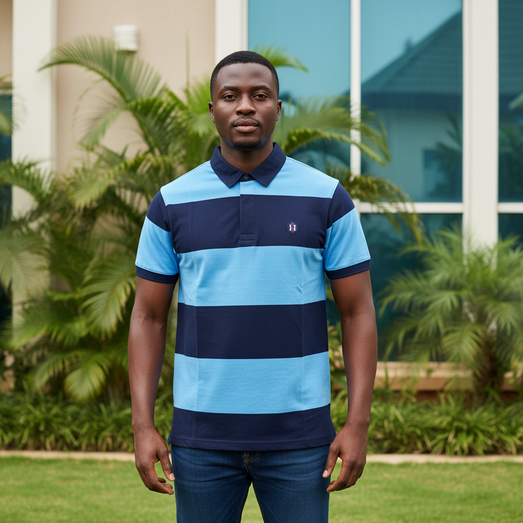 Nigerian male model wearing men's navy and sky blue rugby stripe polo shirt, garden setting
