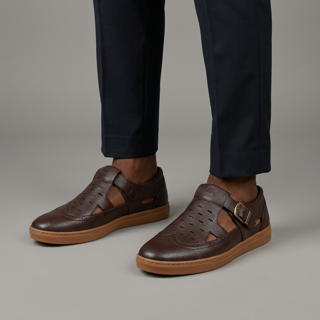 Man wearing both dark brown perforated slip ons on plain studio floor