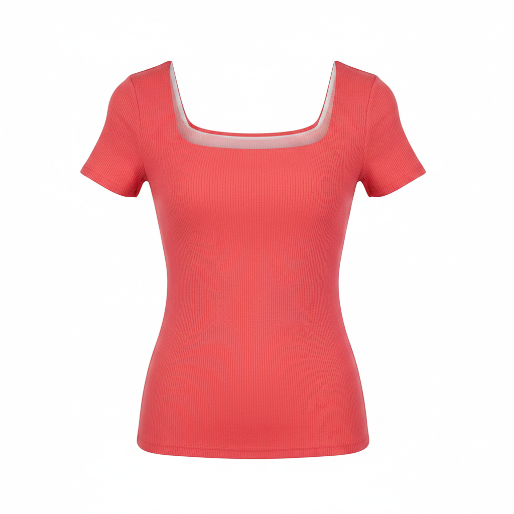 Coral Square-Neck Ribbed Short-Sleeved Shirt - Ghost Mannequin Front