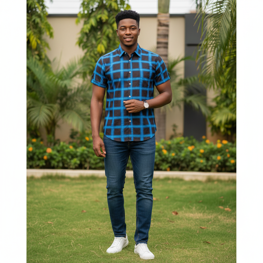 Young Nigerian male wearing electric blue and dark brown windowpane check short sleeve shirt