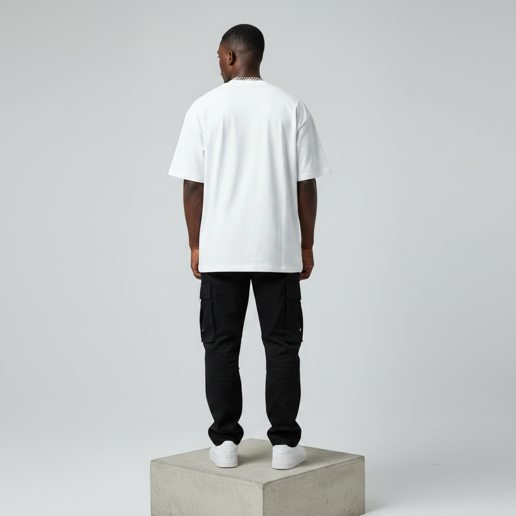 White Five Graphic Oversized Tee - Male Model Back