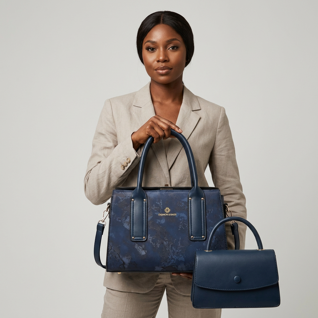 Woman displaying both navy handbags on plain studio background