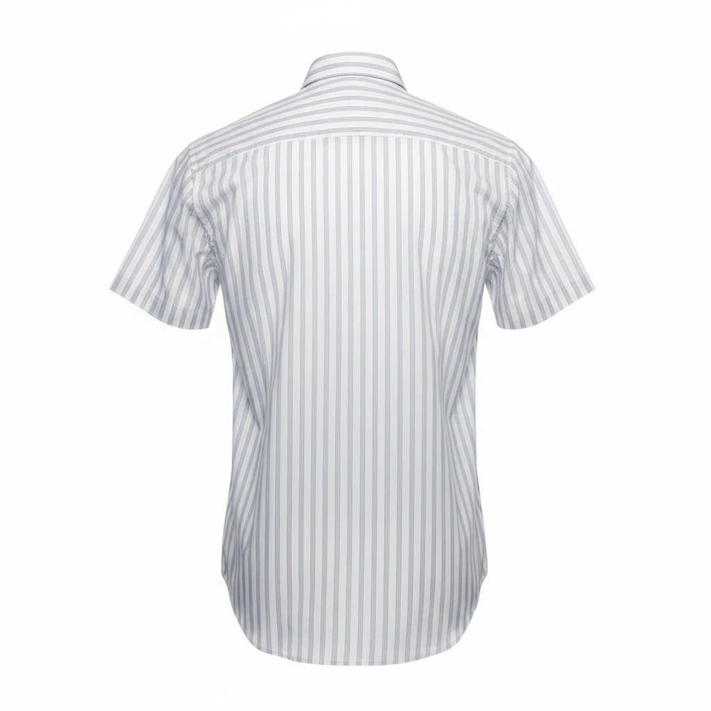 Ghost mannequin back view of white light blue stripe short-sleeved shirt