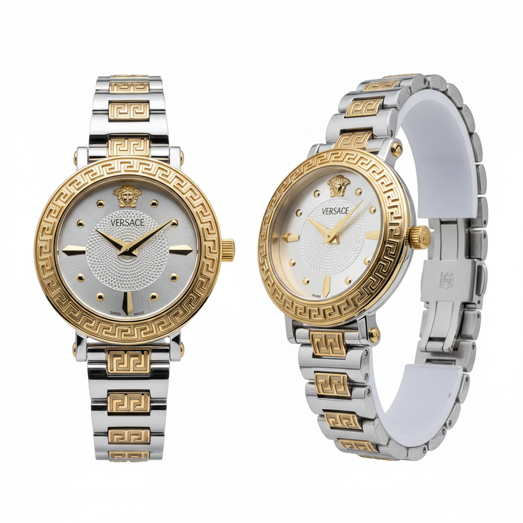 Two-tone Greek key bracelet watch, front and side view on white background