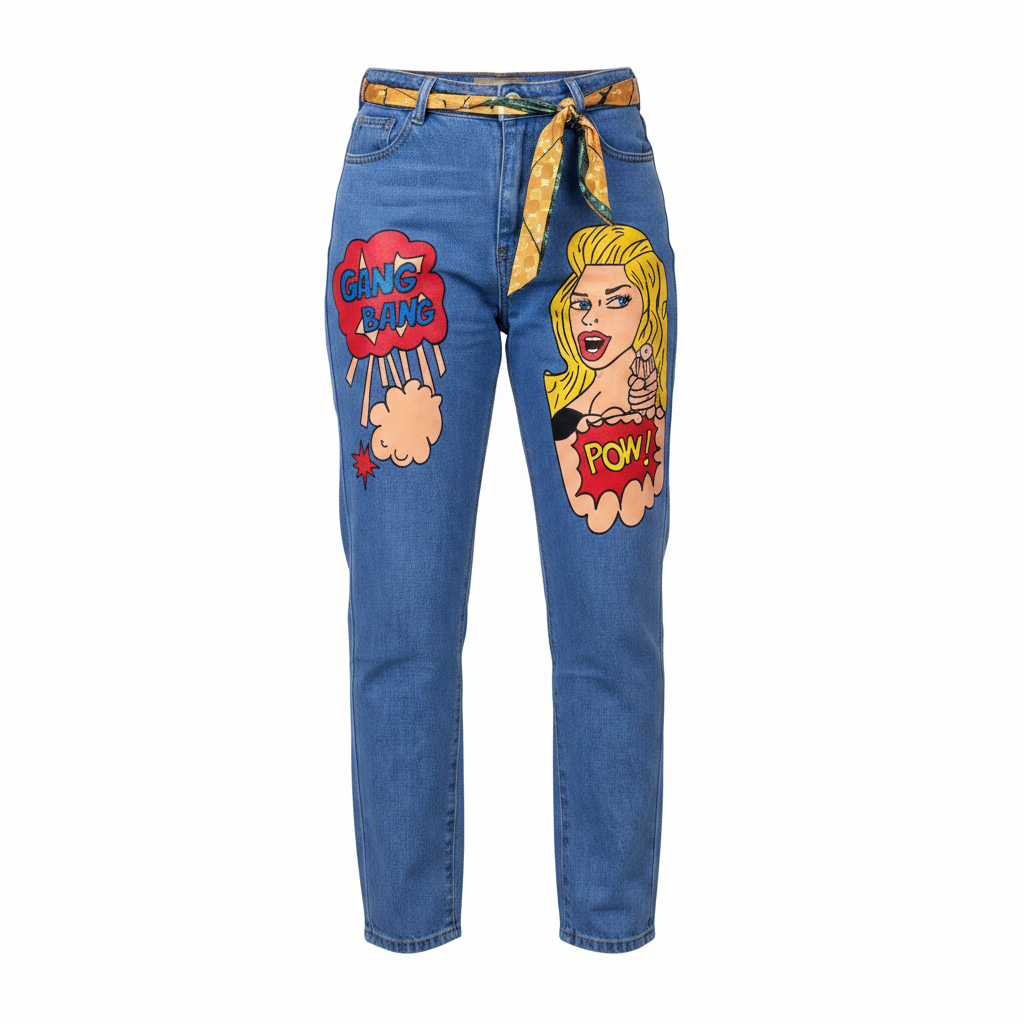 Blue Pop Art Graphic Denim Jeans – Front Ghost Mannequin