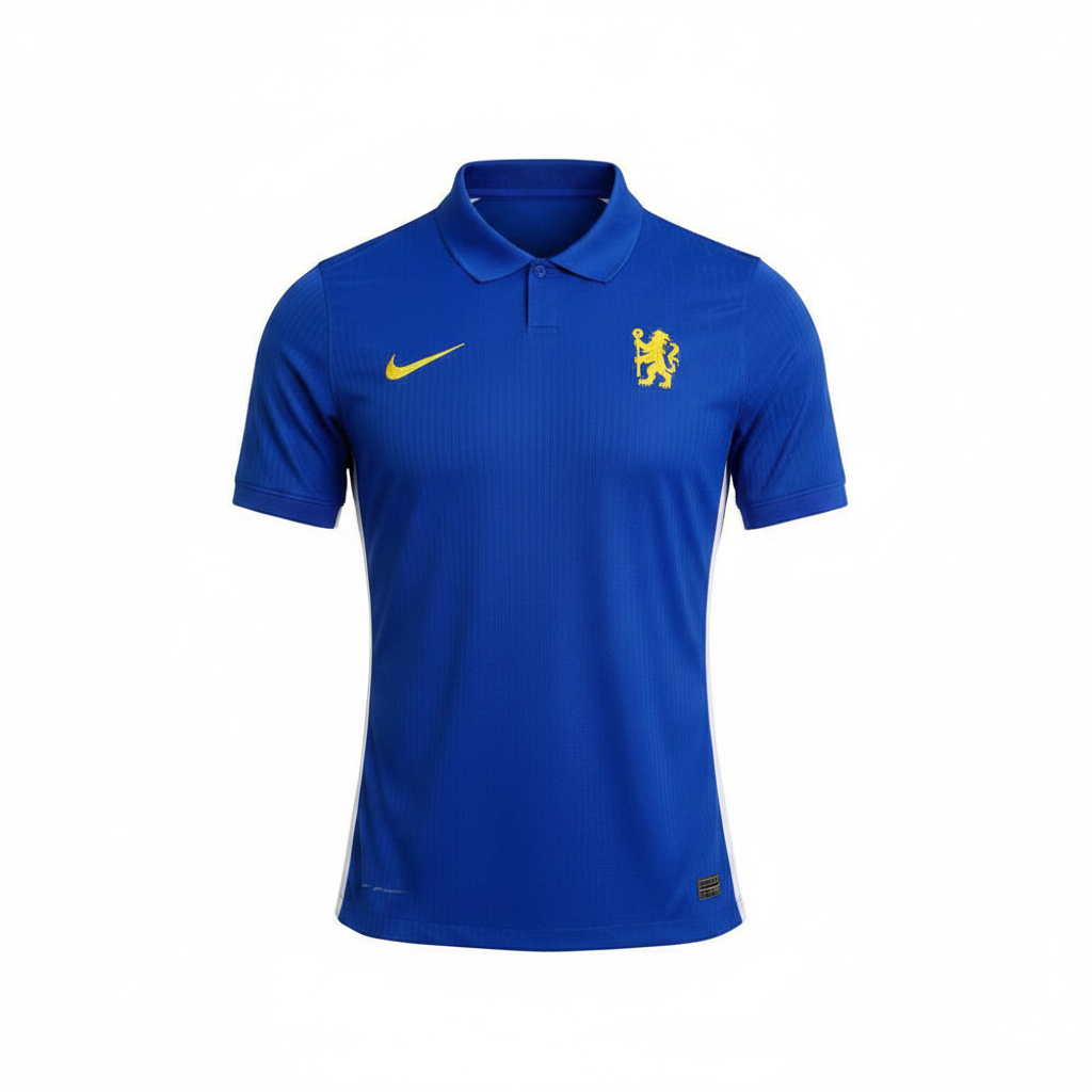 Royal blue polo collar football jersey ghost mannequin front view - white side panels, yellow crest badge
