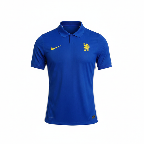 Royal blue polo collar football jersey ghost mannequin front view - white side panels, yellow crest badge