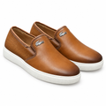 Tan leather woven-heel slip-on sneakers pair