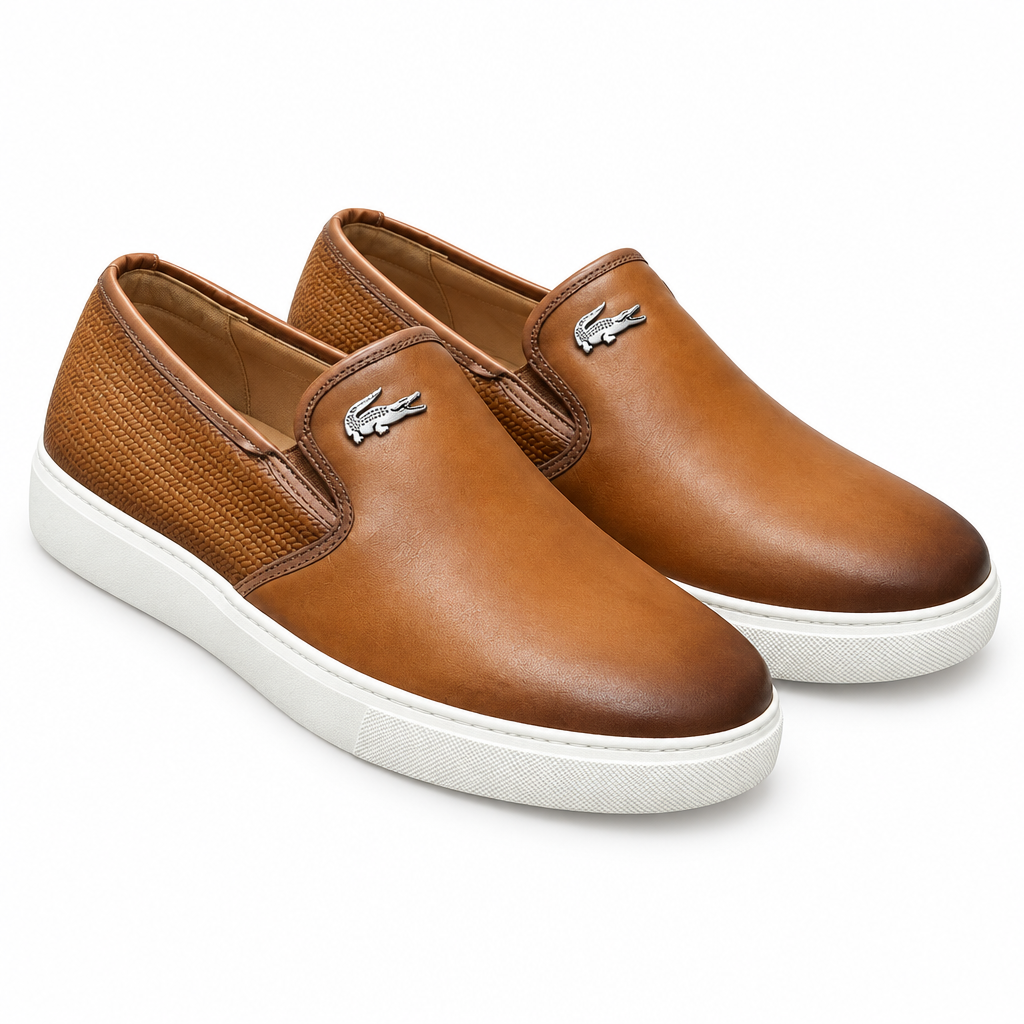 Tan leather woven-heel slip-on sneakers pair