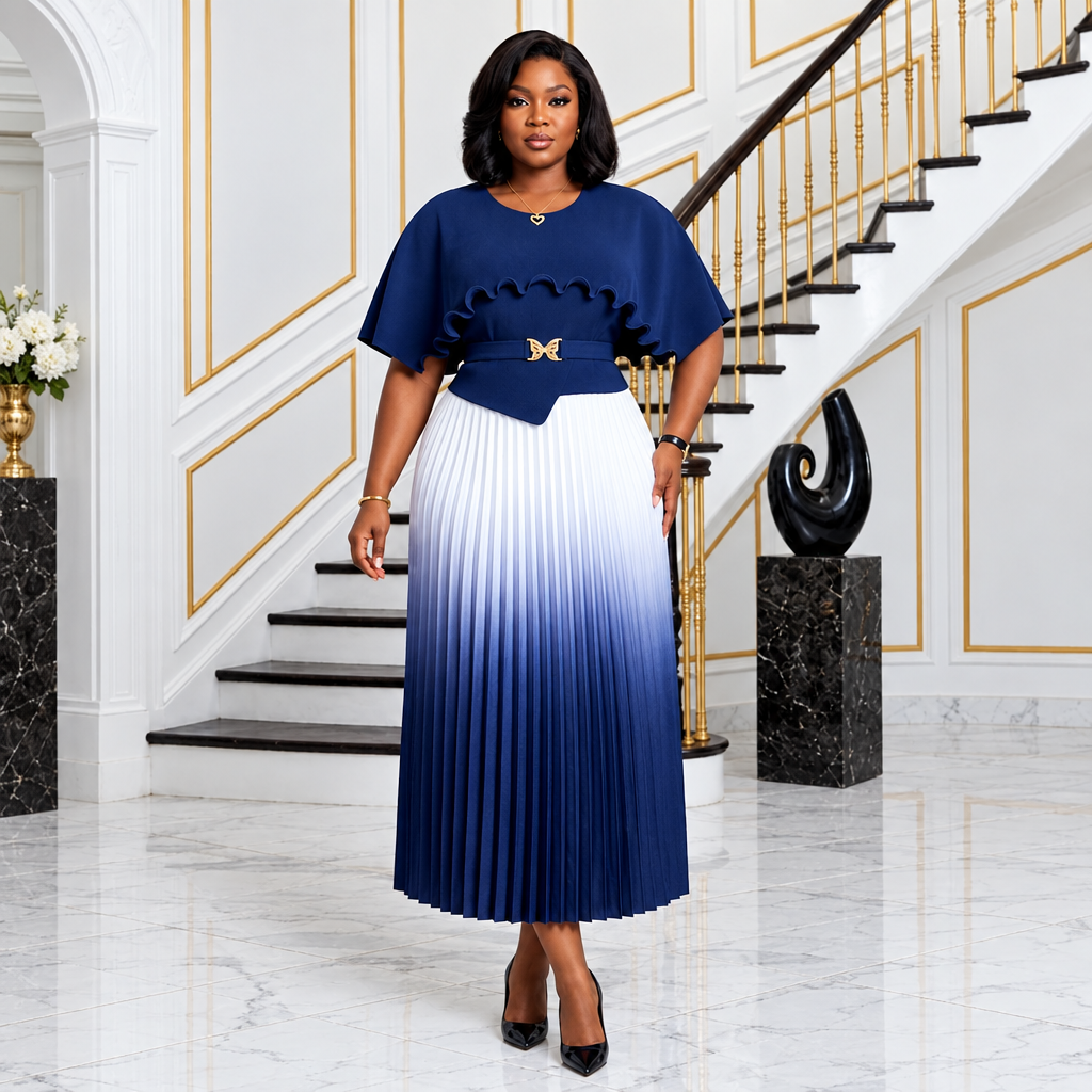 Black woman wearing navy-and-white ombré pleated ruffle dress