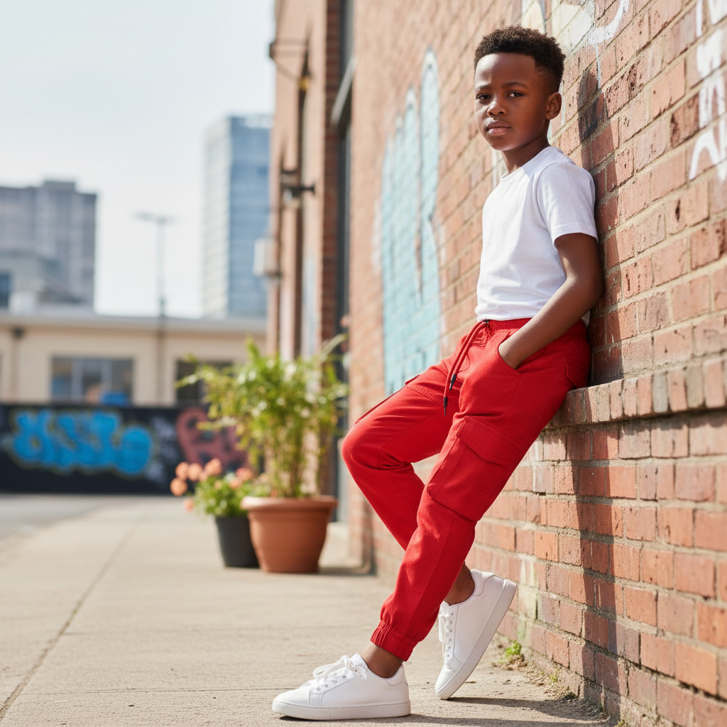 Young Nigerian boy wearing red cargo jogger pants