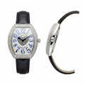 Women's silver diamond bezel blue numeral crystal heart tonneau watch — ghost mannequin front and side view, black leather strap