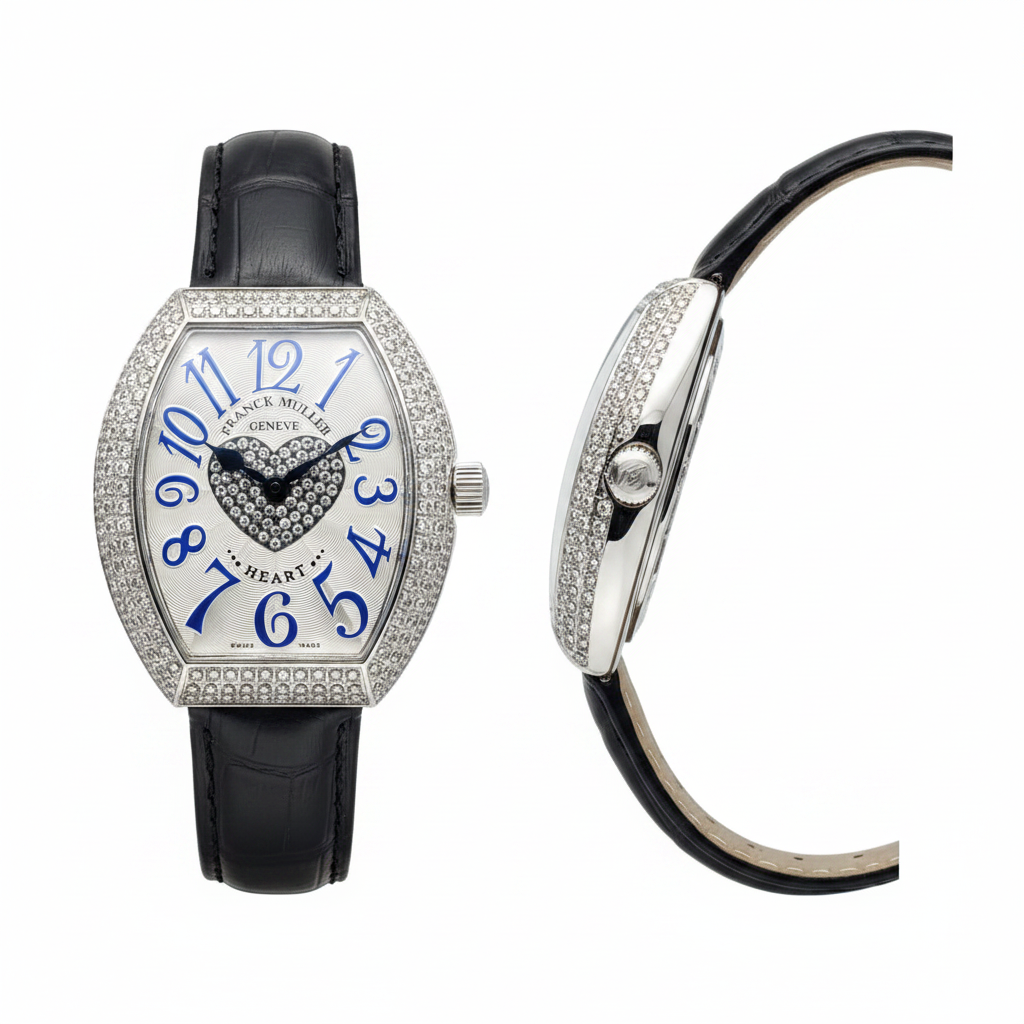 Women's silver diamond bezel blue numeral crystal heart tonneau watch — ghost mannequin front and side view, black leather strap