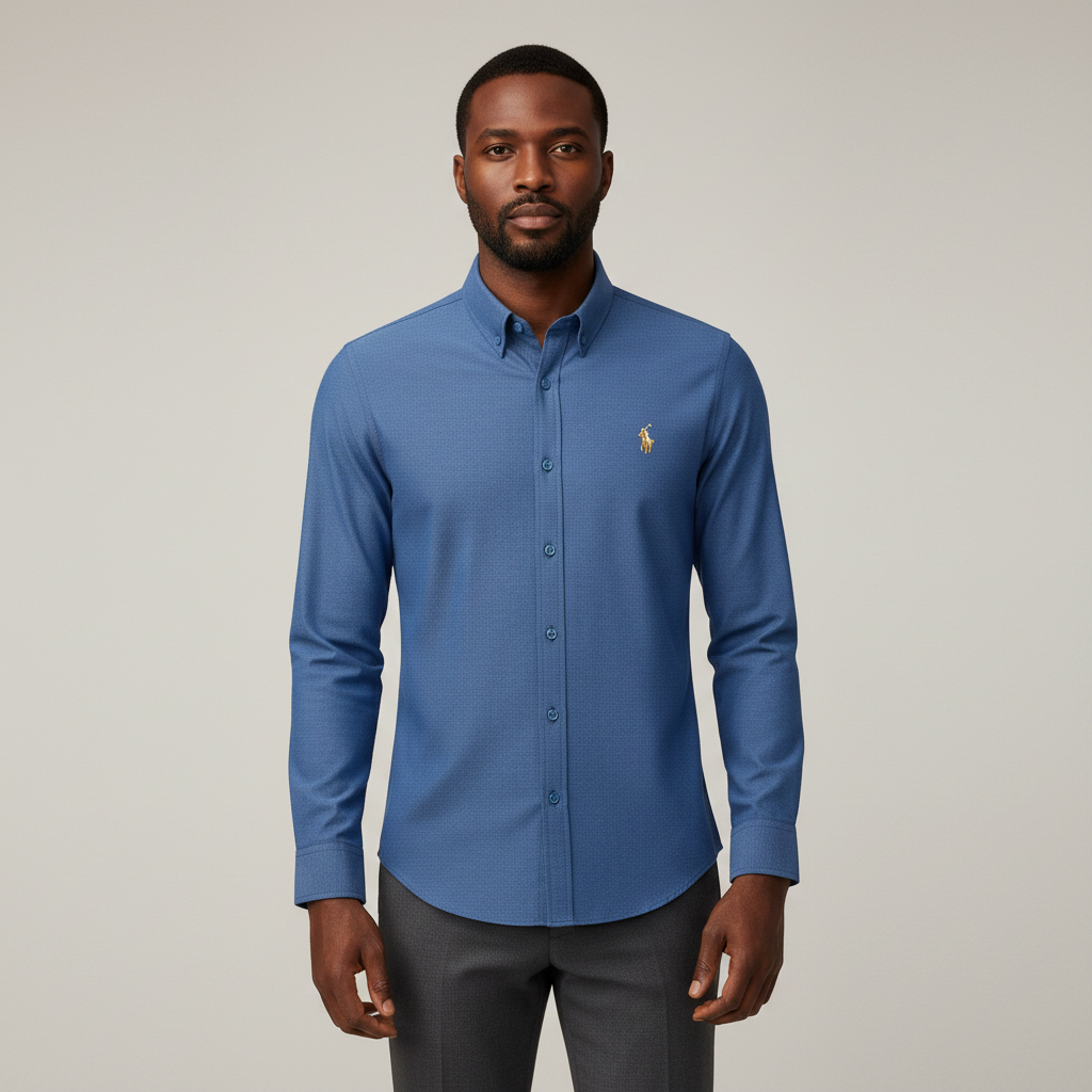 Nigerian adult male model wearing Medium Blue Long Sleeve Shirt – Front View
