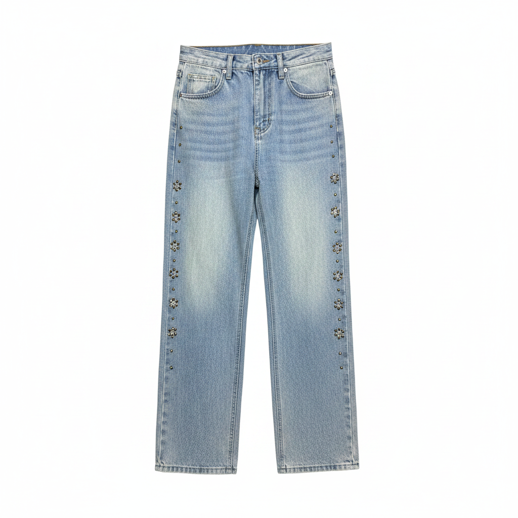 Men's light blue floral stud side seam embellished denim jeans ghost mannequin front view