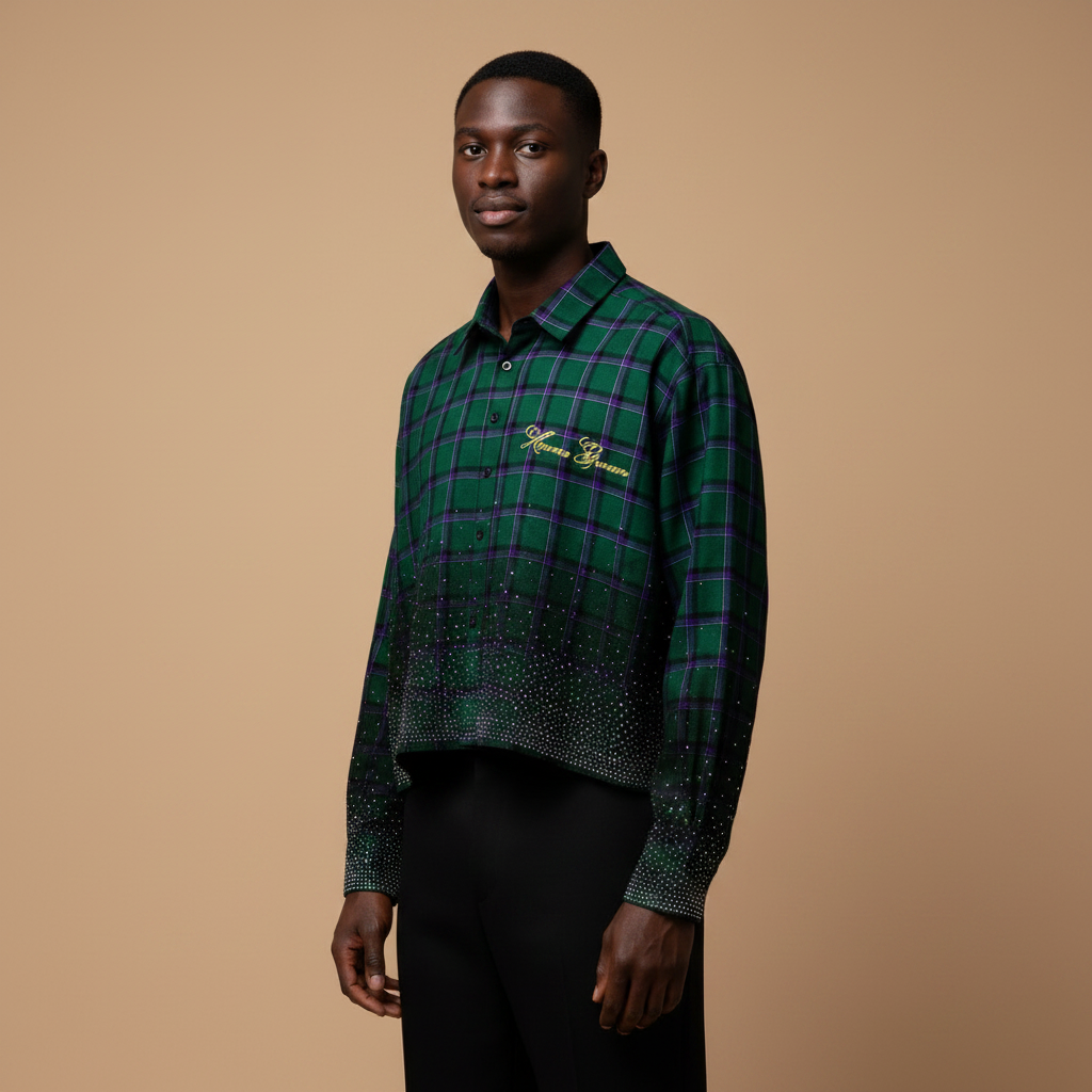 Man wearing green tartan crystal crop shirt with black trousers