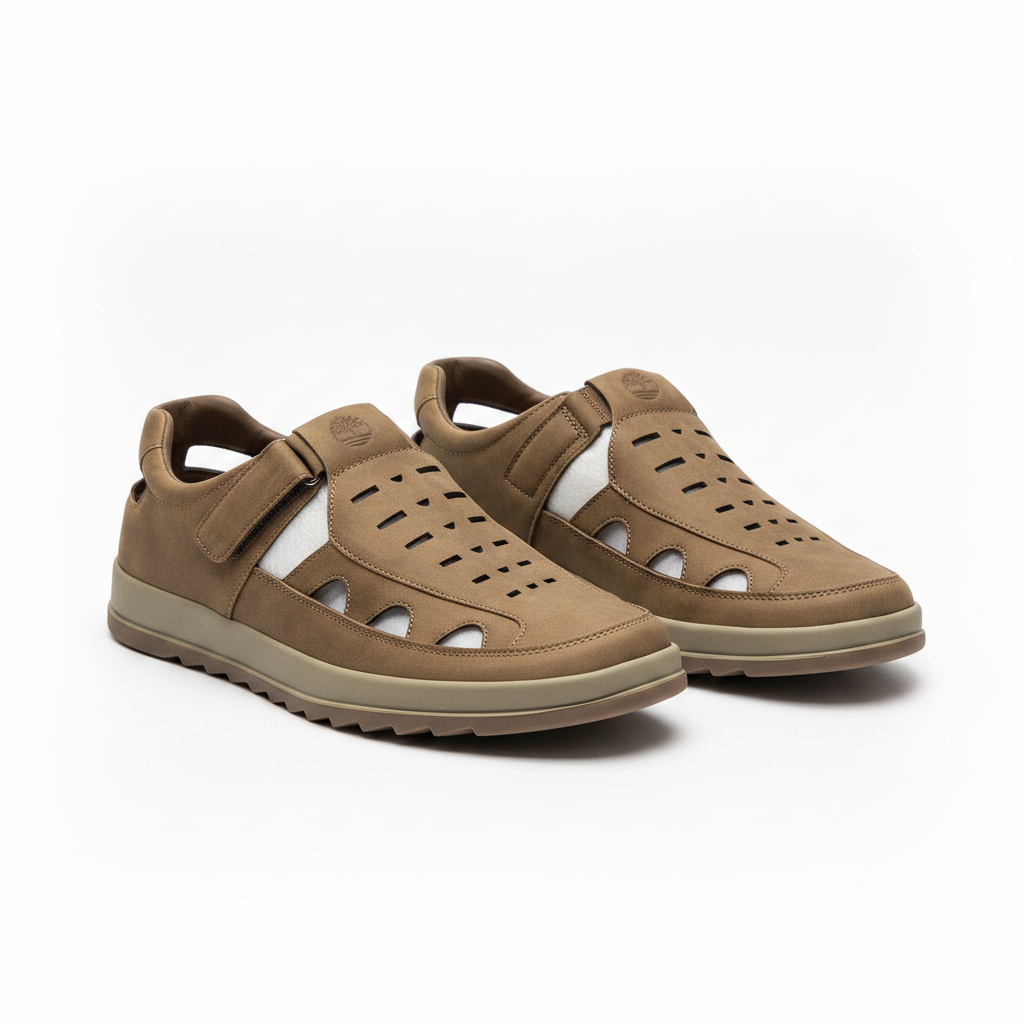 Men's olive nubuck leather ventilated velcro-strap slip-on shoes pair product shot