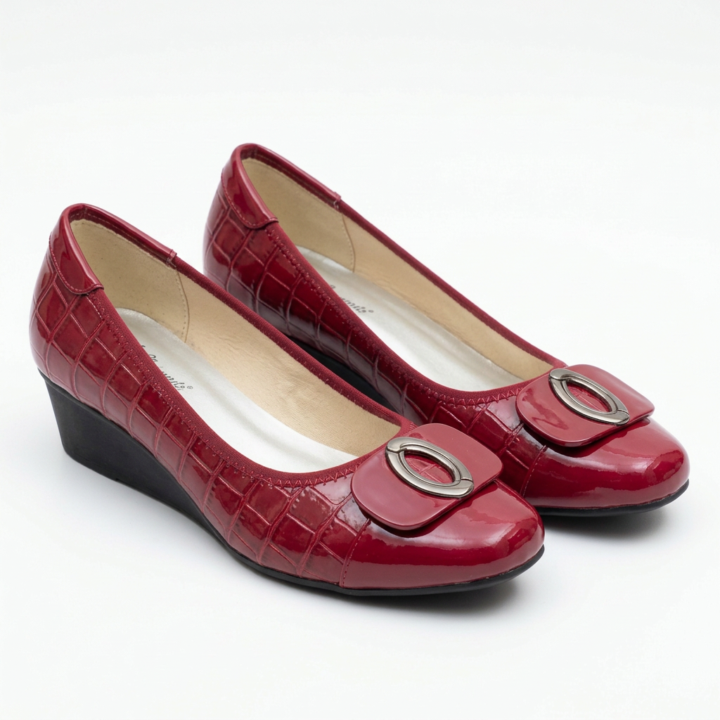 Matching red oval-detail wedge shoes