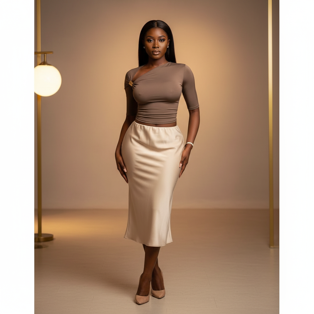 KC Store Asymmetric Off-Shoulder Ruched Top - Taupe Model Shot