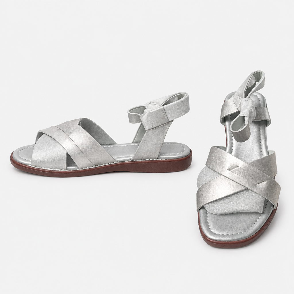 Silver cross-strap flat sandals, pair views