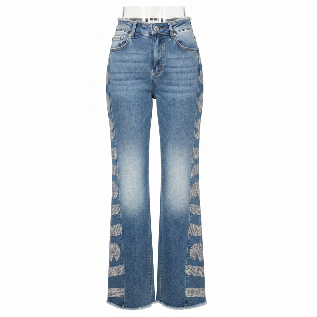 Light Blue Rhinestone Heart Side Panel Wide-Leg Jeans - Ghost Mannequin Front
