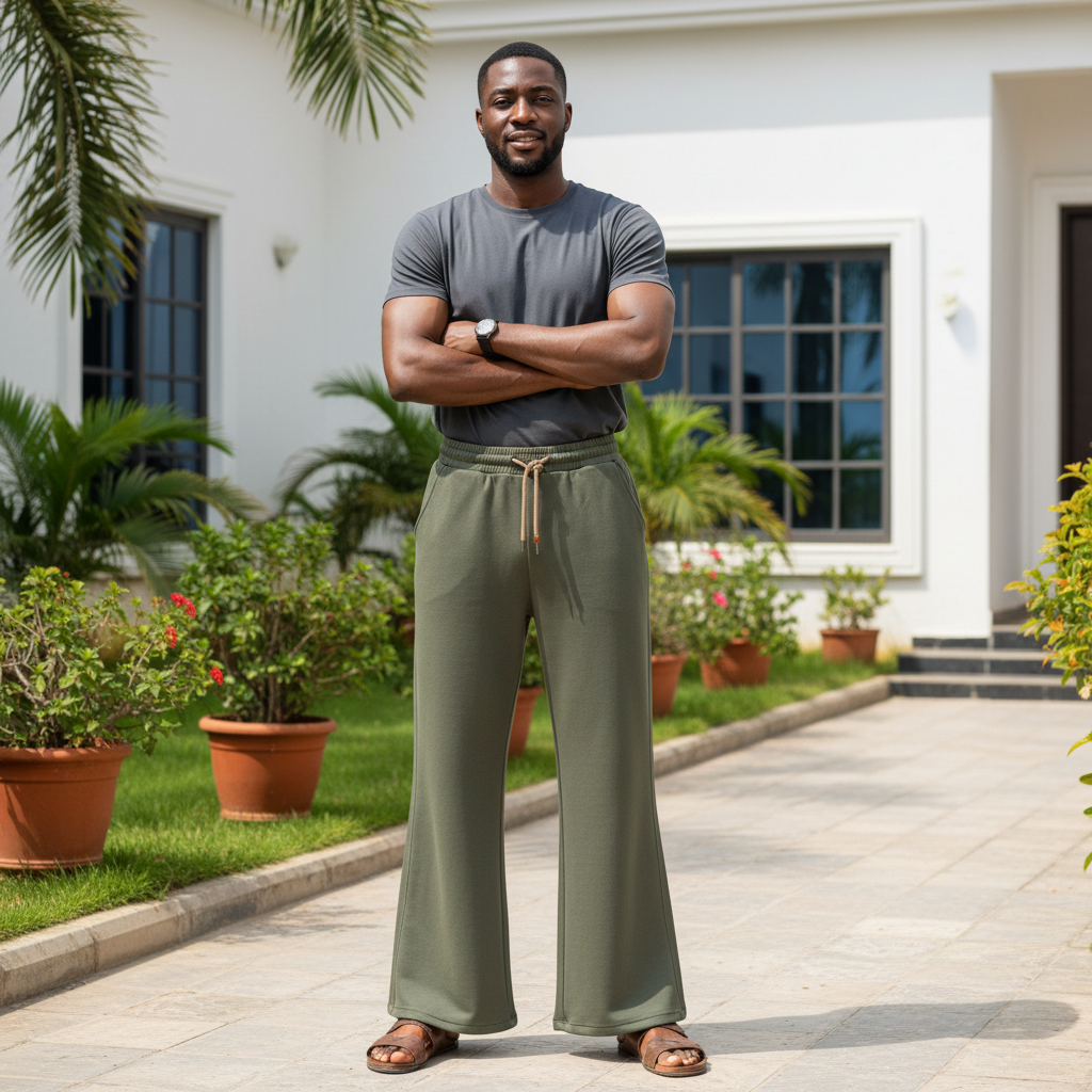 Male Nigerian Model - Olive Flare Sweatpants Front
